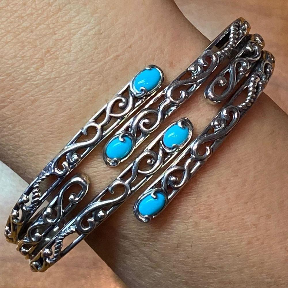 Carolyn Pollack Sterling 4 Sleeping Beauty Turquoise Decorated Hinged Bracelet